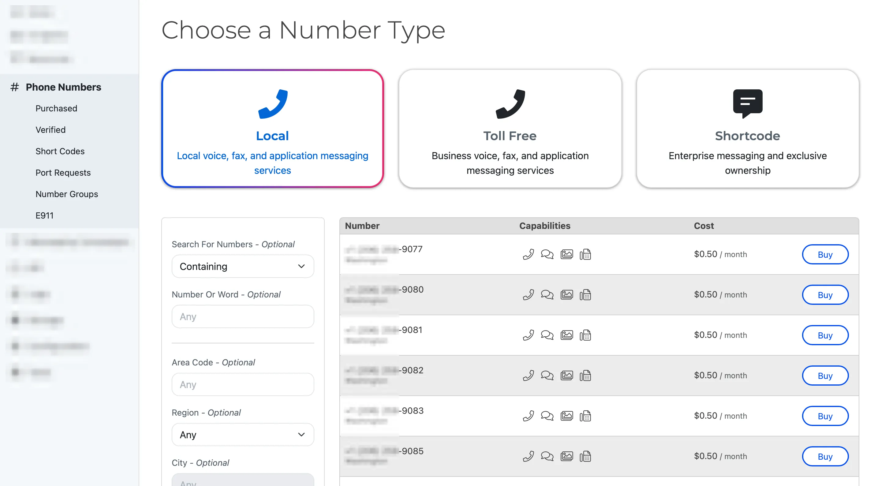 The Phone Numbers page in the SignalWire Dashboard.