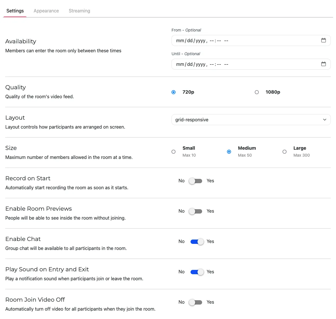 This screenshot shows the configuration options for Video Conferences. At the top of the screen, there are two tabs: 'Settings' and 'Appearance'. Under the selected 'Settings' tab, there are the following options. 'Availability' sets the dates and times that members will be able to enter the room. There are also settings for Quality, Layout, Size, and Record on Start.