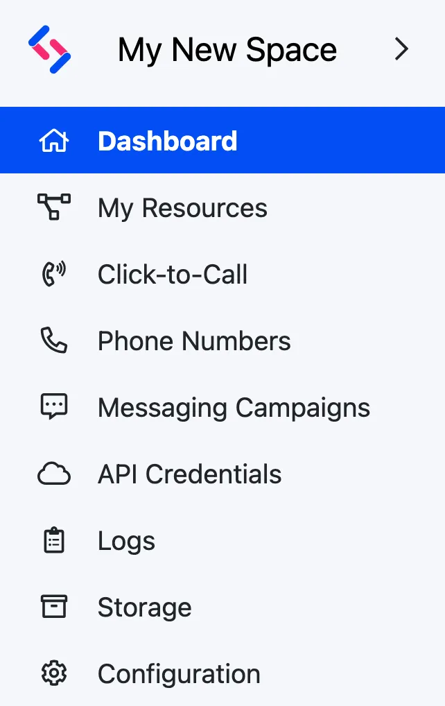The main sidebar menu of the new SignalWire Space Dashboard UI.